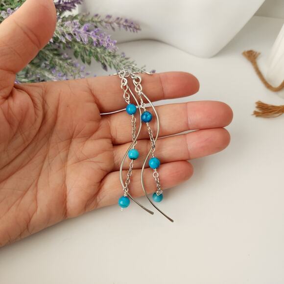 Blue Seashell Beads Long Wire Earrings / Stainless Steel Curved Wire Earrings - Picture 5 of 8